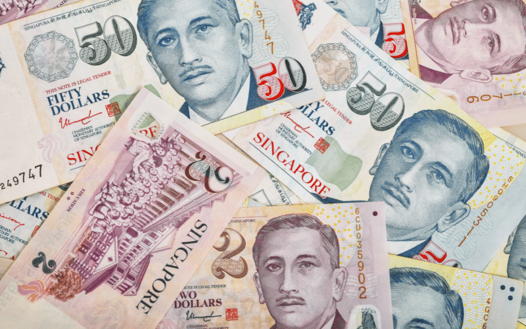 Overlapping Singapore banknotes in multiple denominations (2, 5, 20, 50) with colorful designs and portraits.