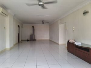 A long empty tiled room with white walls, ceiling fans, and a dark wooden cabinet along the right wall.