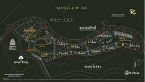 Master plan map of a hotel and residential district featuring brand logos (Hard Rock, Swissôtel, Sofitel) and a red boundary line.