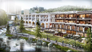Riverside architectural render of a mixed-use complex with terraces, arches, and outdoor seating beside a river.