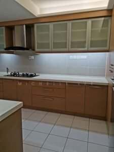 Modern kitchen with gas cooktop and range hood, frosted glass upper cabinets, wooden lower cabinets, and gray tile backsplash.