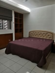 Hotel-style bedroom featuring a tufted beige headboard, brown bedspread, white tiled floor, a window with blinds, and built-in shelving on the wall.