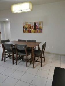 Rectangular wooden dining table with six chairs in a bright dining room, white tiled floor, colorful abstract painting on the wall, and a pendant light overhead.