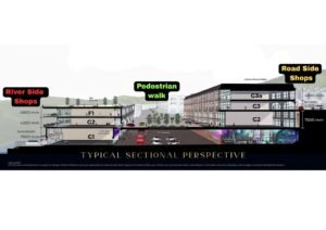 Cross-sectional view of a mixed-use development showing river-side shops, a pedestrian street, and road-side shops across multiple levels labeled G1–G3 and F1.