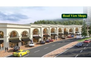 Rendering of a row of white arched storefronts along a busy street with pedestrians and parked cars
