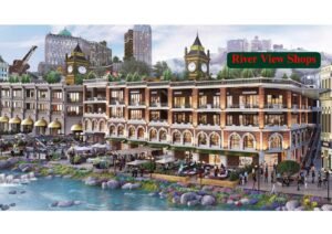 Riverside shopping complex with brick arches, terraces, greenery, and outdoor dining along a rocky waterfront.