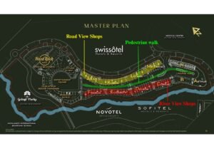 Master plan map of a resort showing roads, river, and hotel zones with color-coded sections (Road View Shops, River View Shops).