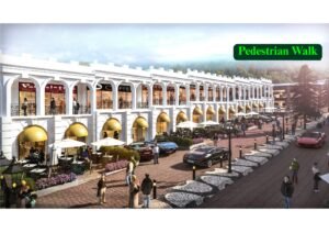 Rendering of a two‑story shopping street with arched colonnades, outdoor cafes, and parked cars along a brick pedestrian promenade labeled Pedestrian Walk.
