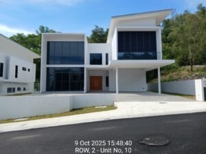 Modern white two-story house with large glass windows, dark shutters, and a wooden front door; timestamp reads 9 Oct 2025 15:48:40, Row 2 – Unit No. 10.