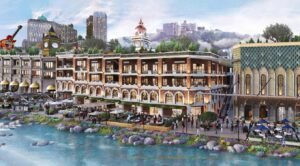 Rendering of a waterfront shopping district with brick, arched storefronts, outdoor cafes, and a lake in the foreground.