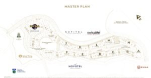 Site master plan of a resort complex showing buildings labeled A–N, logoed brands (Hard Rock, Swissôtel, Novotel) and a north arrow.