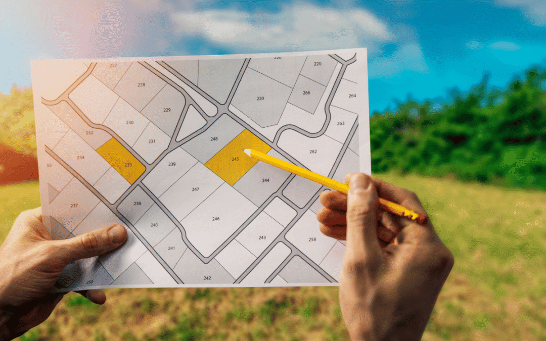 A person holds a printed neighborhood map with numbered lots, two plots shaded yellow for emphasis.