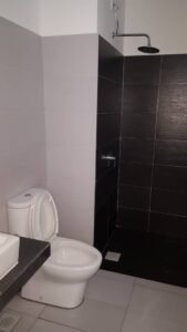 Toilet next to a dark-tiled walk-in shower with a ceiling-mounted showerhead; light gray floor tiles and a counter with a sink on the left.