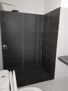 Small modern bathroom with a corner black-tile shower area, round ceiling shower head, and a white toilet in the foreground.