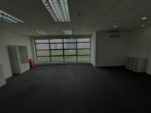 Empty office space with a large window overlooking a city skyline; white shelves against the left wall and a white cubby unit on the right. Large ceiling lights and grey carpeting.