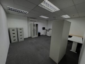 Office space with filing cabinets, a tall safe, and a desk along the back wall under fluorescent lights.